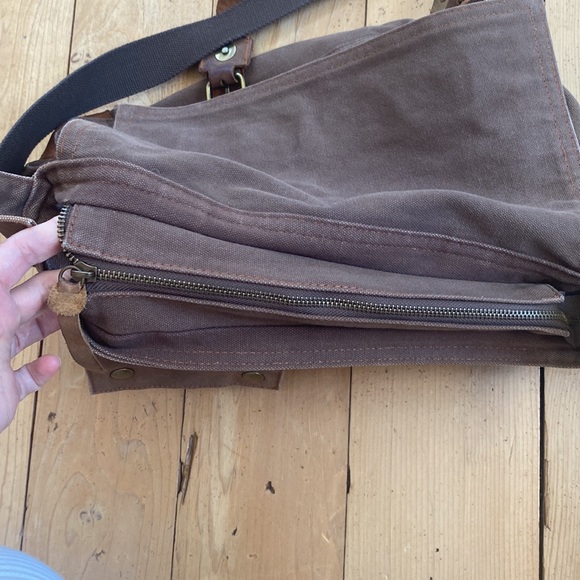 Augar Strauss co canvas leather messenger bag utility pockets zipper brown - Picture 8 of 13